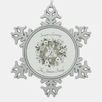 Cute Rabbits in a Floral Winter Wreath Snowflake Pewter Christmas Ornament