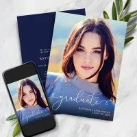 Elegant Script Photo Navy Blue Graduation Announcement