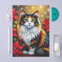 Cute Calico Kitty Cat and Poinsettia Christmas Tissue Paper