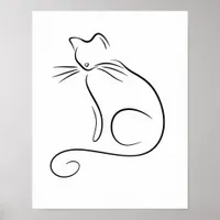 Whiskered Cat Line Art Black and White Poster