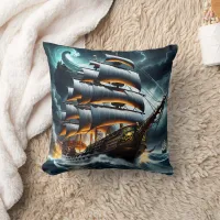 Dark Pirate Ship Sail Through Stormy Seas at Night Throw Pillow