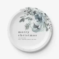 Festive Blue Florals Foliage Names Merry Christmas Paper Plates