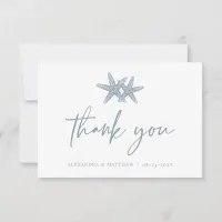 Modern Script Beach Starfish Dusty Blue Wedding Thank You Card