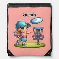 Cute Little Girl Disc Golf Cartoon Personalized Drawstring Bag