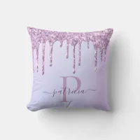 Glam Purple Glitter Drips Elegant Monogram  Throw Pillow