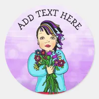 Whimsical Folk Art Girl with Flowers Beautiful Day Classic Round Sticker