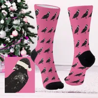 Pink and Black Crow Santa Merry Pinkmas Vintage Socks