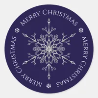 Silver Glitter Snowflake Merry Christmas Navy Blue Classic Round Sticker