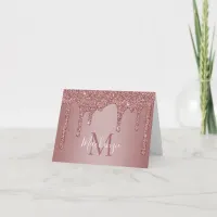 Elegant Chic Rose Gold Dripping Glitter Monogram Thank You Card