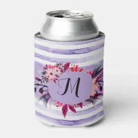 Watercolor Lavender Purple Stripes Floral Frame Can Cooler