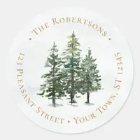 Winter Pine Trees Christmas Round Return Address  Classic Round Sticker