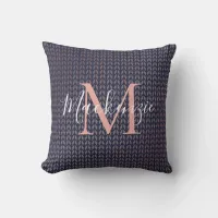 Blush Pink Rose Gold Foil Navy Blue Boho Pattern Throw Pillow