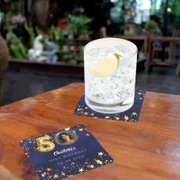 50th birthday navy blue gold stars photo square paper coaster
