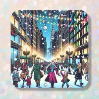 Christmas Shopping in the City on a Snowy Day Square Sticker