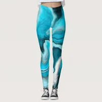 Blue, Black and White Marble Fluid Art   Leggings
