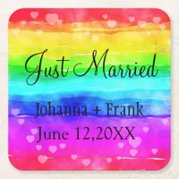 Just Married Rainbow Square Paper Coaster