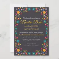 Navy Floral Aesthetic Folk Art Spanish Wedding Invitation