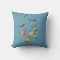 Vintage pink white blossom butterfly bee on blue throw pillow