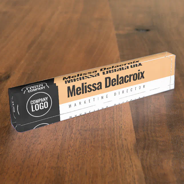 Modern White Peach Black Employee Company Logo Desk Name Plate