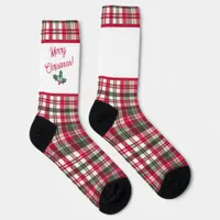 Tartan pattern and holly merry christmas socks