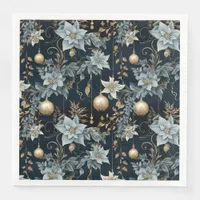 Blue and Gold Christmas Ornaments Poinsettias Paper Dinner Napkins