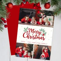 Holly Accent 3 Photo Merry Christmas Card