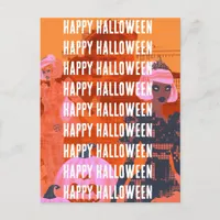 Pink Orange Haunted Halloween House Postcard