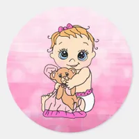 Sweet Little Caucasian Baby with Teddy Bear Classic Round Sticker
