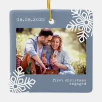 Blue First Christmas Engaged Snowflake Photo Ceramic Ornament