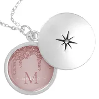 Chic Rose Gold Sparkle Glitter Drips Monogram Locket Necklace