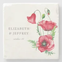 Rustic Elegant Watercolor Script Red Poppy Wedding Stone Coaster