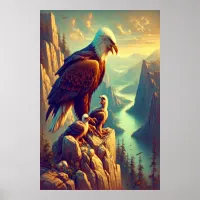 Eagle Perched on Rock With It's Babies Poster