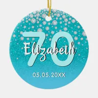 70th birthday teal blue green glitter diamond name ceramic ornament