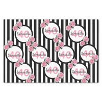 Pink roses black white stripes 40th birthday tissue paper