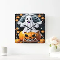 Cheerful ghost among pumpkins on Halloween night Square Wall Clock