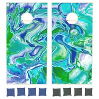 Blue and Sage Green Digital Fluid Art Marble    Co Cornhole Set