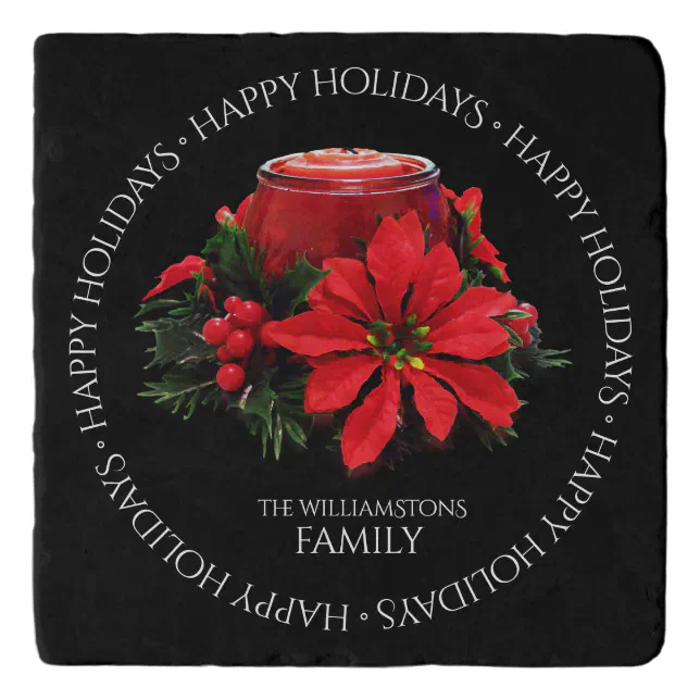 Festive Red Christmas Candle Holly Poinsettias Trivet