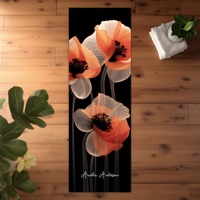 Black White Orange Abstract Poppies Floral Elegant Yoga Mat