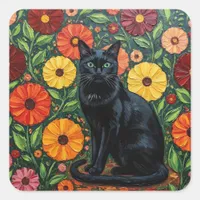 Black Cat and Colorful Folk Art Flowers Square Sticker