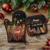 Magic Happens in the Kitchen- Whimsical Christmas  Oven Mitt & Pot Holder Set