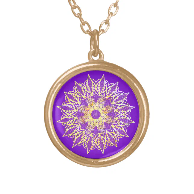 Golden laced mandala on a purple background gold plated necklace