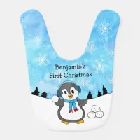 My First Christmas, Cute Penguin and Snowflakes Baby Bib