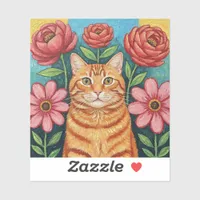 Orange Cat Folk Art Flowers Sticker