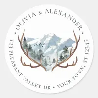 Rustic Antlers Wedding Round Return Address Classic Round Sticker