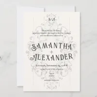 Rustic Crest Ivory White Old Print Gothic Wedding Invitation