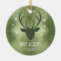 Deer Antlers Silhouette & Snowflakes Green ID861 Ceramic Ornament