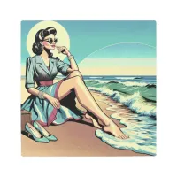 1950's Retro Woman Sitting on the Beach Metal Print