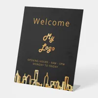 Logo business black gold city skyline welcome pedestal sign