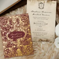 Victorian Wine and Gold Ornate Vintage Wedding Foil Invitation