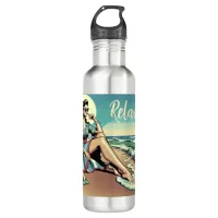 1950's Retro Woman Sitting on the Beach Stainless Steel Water Bottle